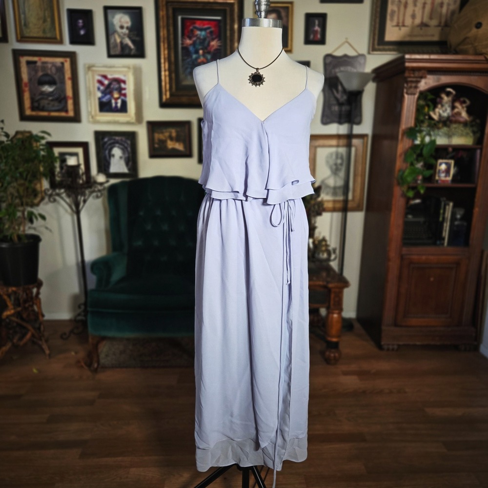 Joanna August Lavender Chiffon Wrap Bridesmaid Dress Maxi Spaghetti‎ Strap
